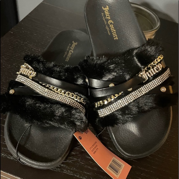 Juicy Couture Shoes - NWT JUICY COUTURE BLACK FURRY SLIDES